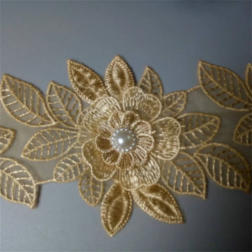 

10X Gold Pearl Beaded Flower Leaf Embroidered Lace Trim Ribbon Applique Handmade DIY Clothes Wedding Dress Sewing Craft 80mm