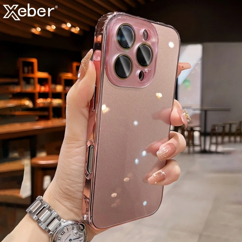 Shockproof Tempered Glass Protective Phone Case with Plating Lens Film and Hard PC Bumper