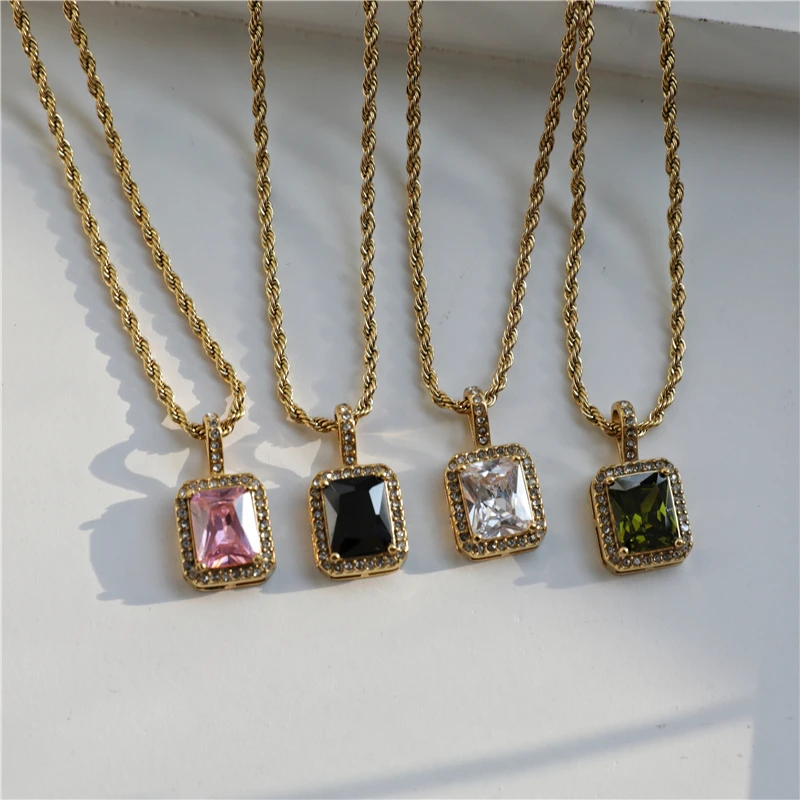 Non Tarnish Waterproof Square Stone Pendant Necklace Stainless