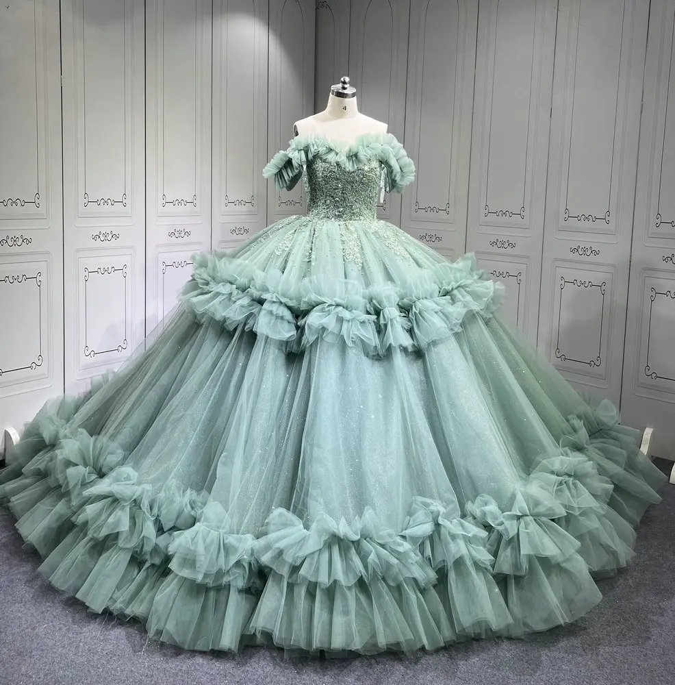 slim fit dress slacks Sage Tulle Appliques Quince Dress with Sleeves main image 0