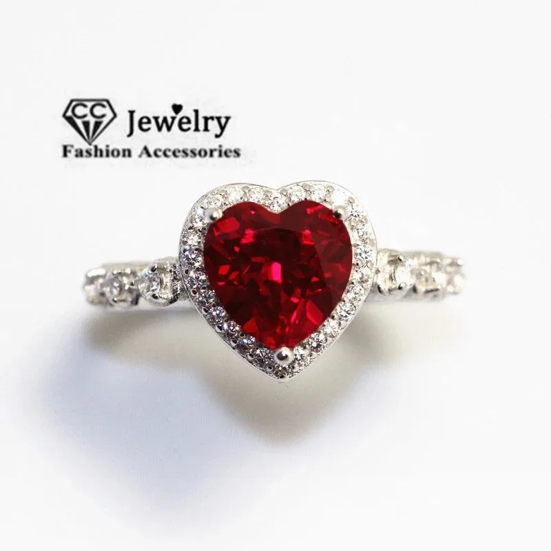 Wedding Rings For Women Silver Color Red Heart Cubic Zirconia