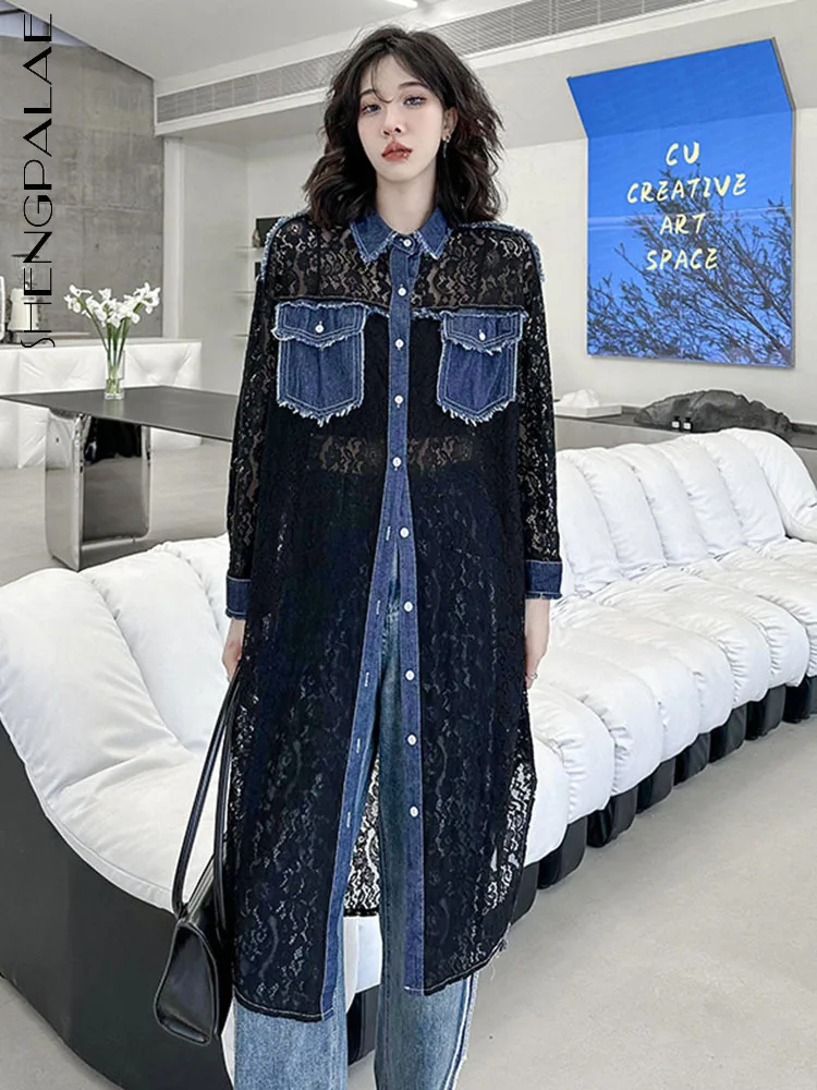 

SHENGPALAE, верхняя одежда, винтажное платье для женщин, уличная одежда, джинсовая сетка, Сращивание, кружевная Лоскутная Свободная рубашка, Vestido, 2023, летняя одежда, R1350