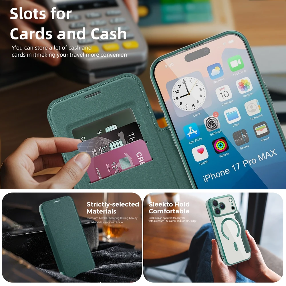 Enhanced Wireless Charging Magnetic Wallet Case with Card Slots and Anti-Fall Leather Design