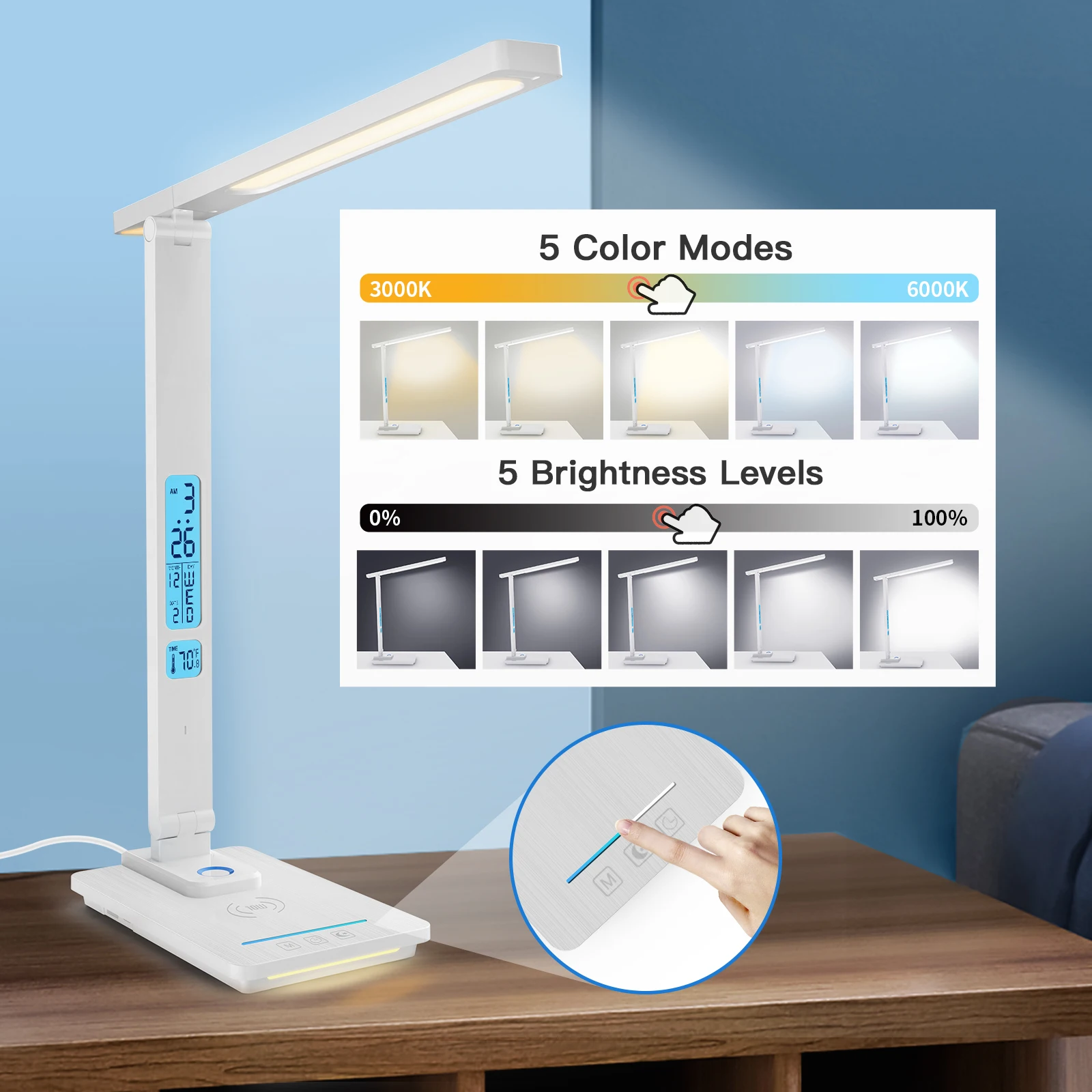 LAOPAO LED Desk Lamp with Wireless Charger 10W with Night Light Digital Alarm Clock Temperature display Study Table Lamp