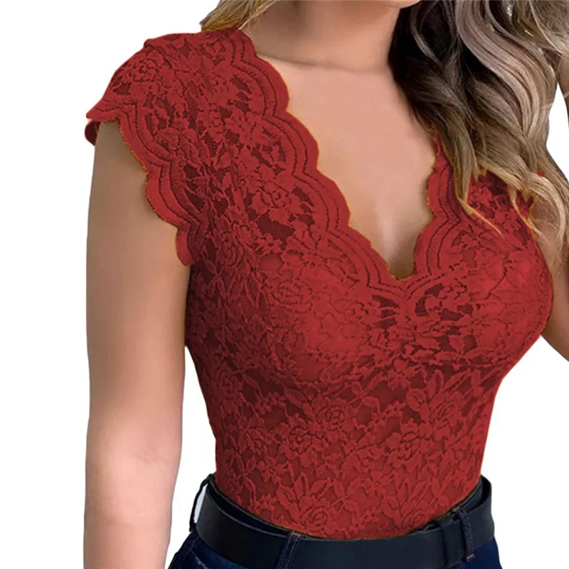 Women Lace Deep V Neck Sleeveless Summer Blouse