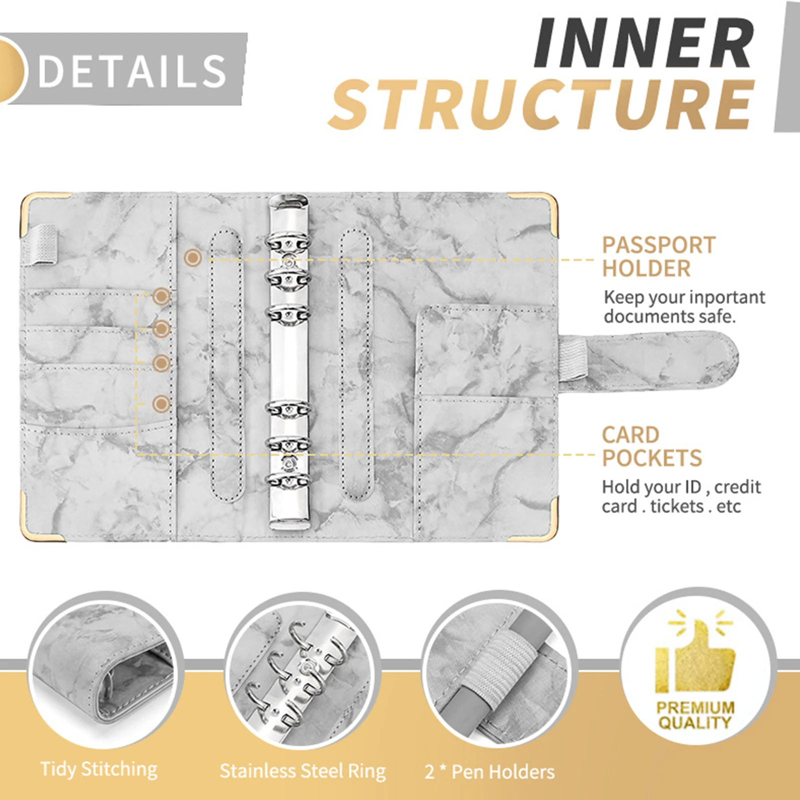 A6 Budget Binder with Marble Texture Pattern PU Leather Notebook Cover Zipper Envelopes Lable Stickers Ruler as Money Organizer 2