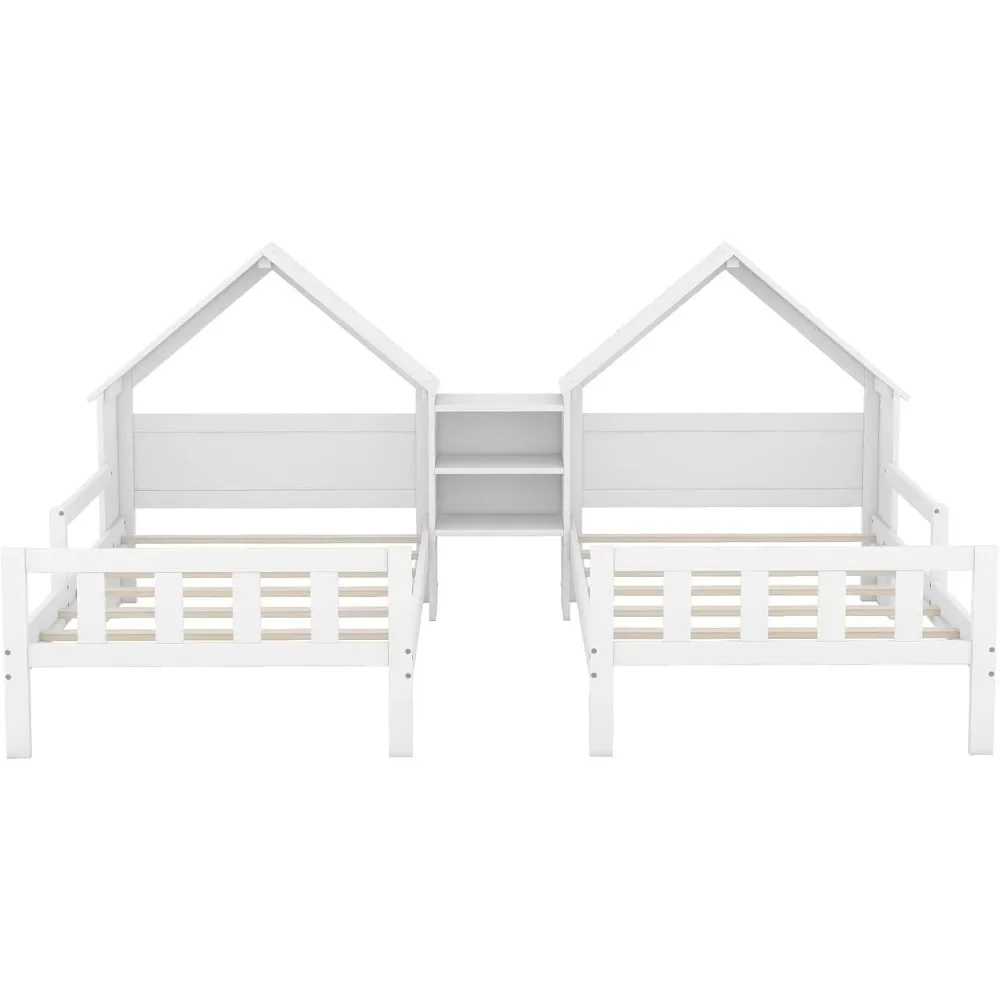 Double Twin Bed Frame for Kids, Bed Frame with House Shaped Nightstand, Twin Size Shared Beds Frame Double 6