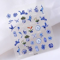 Classic Blue Foral Vase 5D Nail Sticker Embossed Engraved Decal Nail Supplies 2