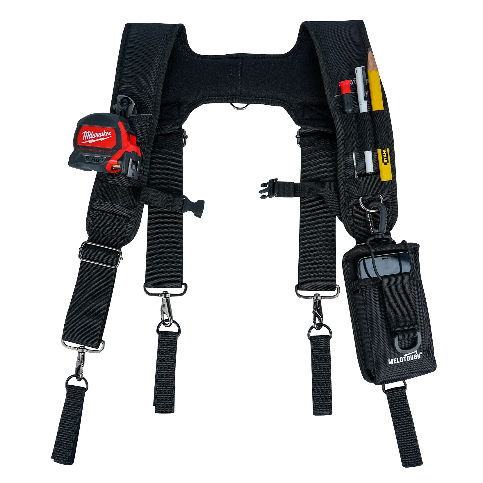 Melo Tough Padded Suspenders |Tool Belt Suspenders with Movable Phone Holder Tape Holder Pencil Holder Adjustable Straps, Suspenders Loop Heavy Duty