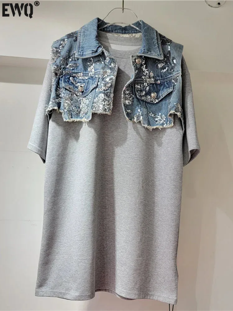 

Женская джинсовая шаль [EWQ], черная футболка с коротким рукавом и вставкой из двух предметов, модель 16U9578 на весну и лето, 2024