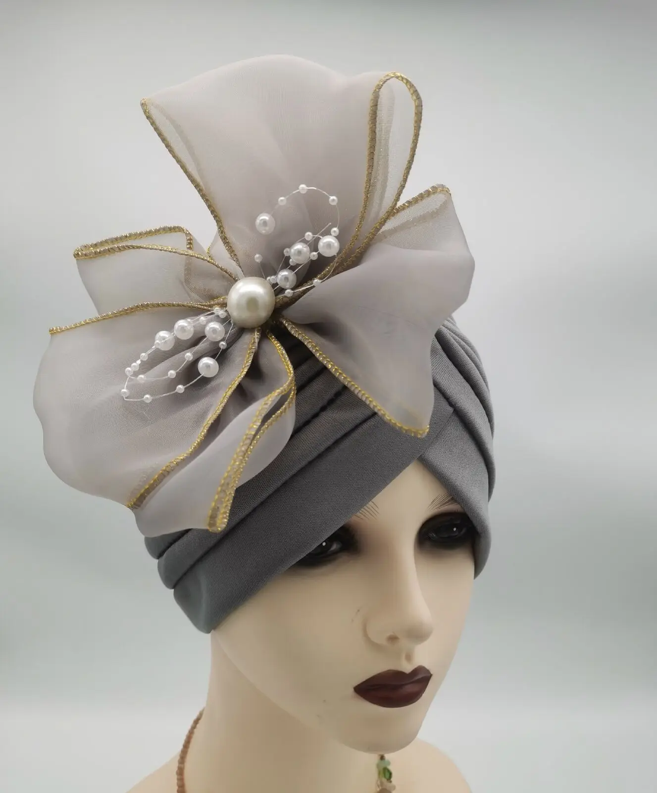 Women's Mesh Flowers Turban Caps Elegant Muslim Headscarf Bonnets African Headtie Party Headwear Nigeria Female Top Hat Fashion 4