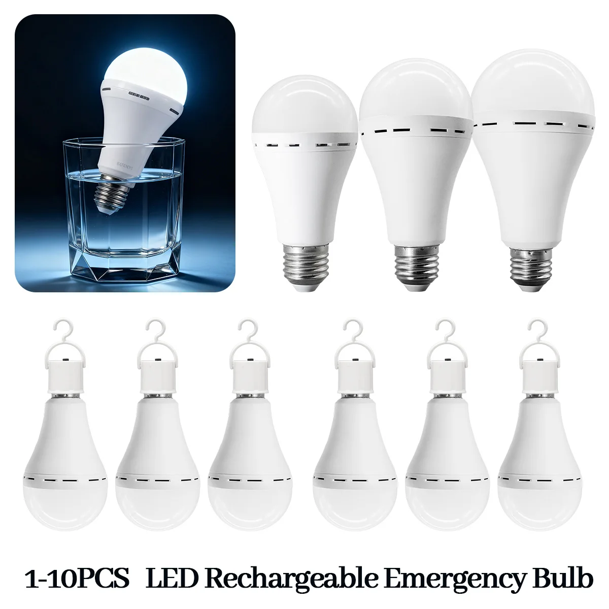 หลอดไฟ LED ชาร์จไฟได้ 1-10 ชิ้น ขั้ว E27 7W 9W 12W ไฟฉุกเฉิน 100-240V สำหรับใช้ในบ้าน พลังงานสำรอง ตั้งแคมป์กลางแจ้ง ไฟฉุกเฉิน ไฟระเบียง ไฟสวน 1