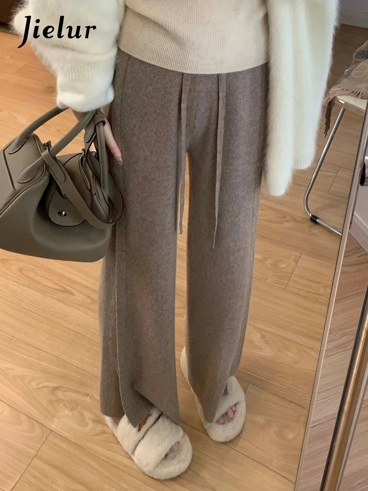 Jielur Split Lace-up Knitting Loose Women's Pants Simple Fashion Office Ladies Solid Color Casual Basic Female Wide Leg Pants 2023 winter knitting women s cotton padded jacket floral o neck flare sleeve keep warm coats female casual trendy ladies clothes