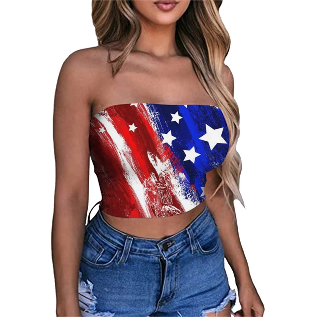 Sexy Womens Strapless Crop Top USA American Flag Printed Bandeau