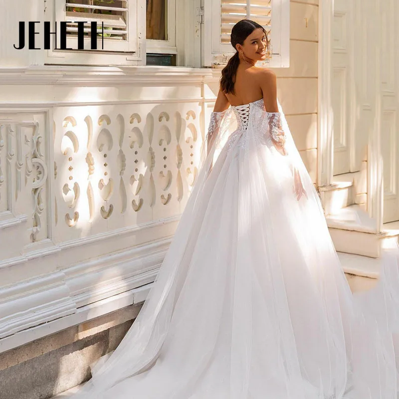 JEHETH Elegant A-Line Sleeveless Wedding Dresses 2023 Vintage Off The Shoulder Lace Appliques Tulle Bridal Gown Vestido De Novia