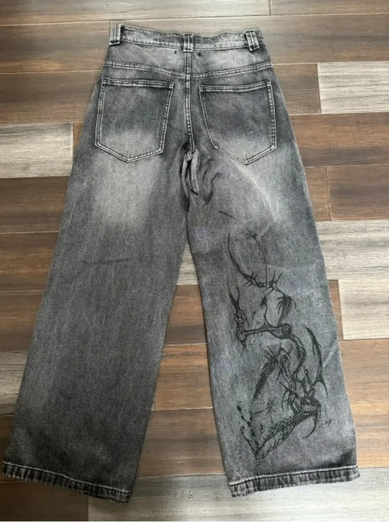 2024 American New Y2K Harajuku Retro Print Jeans Women's Washed Grey Straight Pants Street Gothic Loose Unisex Casual Pants 2