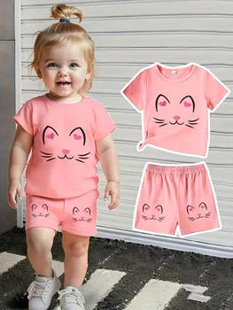 Baby girl cute cat pattern short sleeved top+casual shorts set suitable for outdoor sports 1