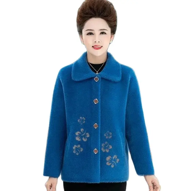 

Mother Winter Jacket 2022New Elegant Imitation Mink Velvet Sweater Coat Fashion Short Cashmere Knitted Cardigan Jacket For Womem