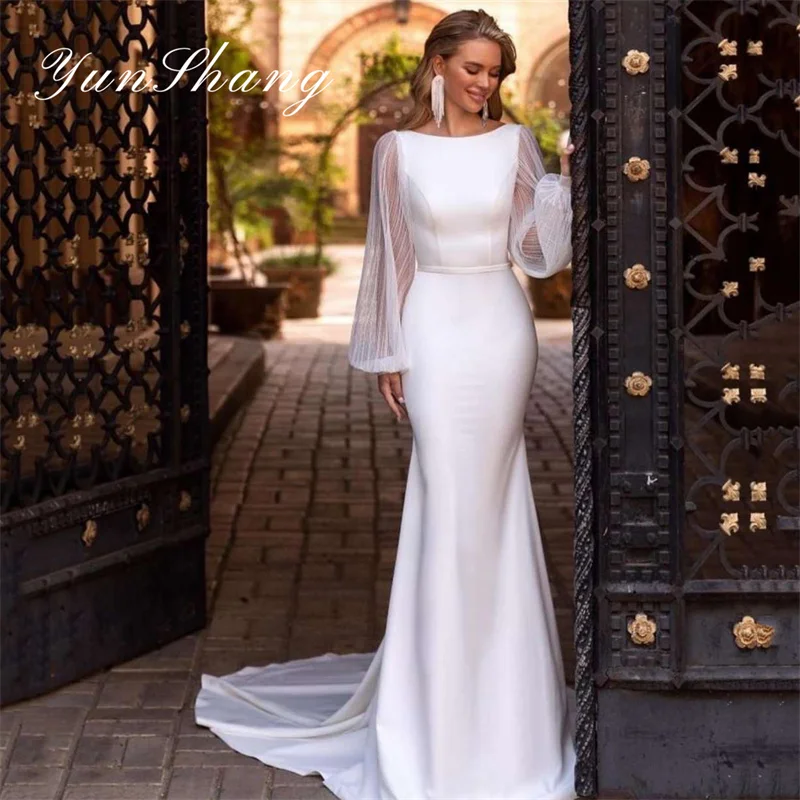 mermaid wedding dress 2024 white v neck long sleeve backless lace applique tulle bridal gown detachable train vestidos de novia Yunshang Elegant Wedding Dresses Women Mermaid Open Back Long Sleeve Boat Neck Bridal Gown Tulle Sweep Train Vestidos De Novia