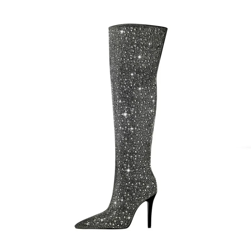 

2023 European and American Autumn and Winter New Solid Water Diamond Pointed Thin High Heels Women's Over Knee Sleeve Boots