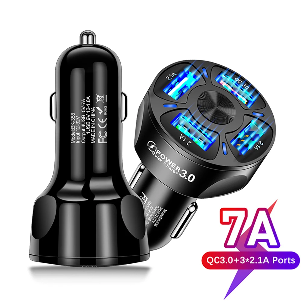 

4Ports USB Car Charger 7A 35W QC 3.0 Fast Charge For iphone 14 13 12 Xiaomi POCO F3 Redmi Mobile Phone Adapter Cigarette Lighter