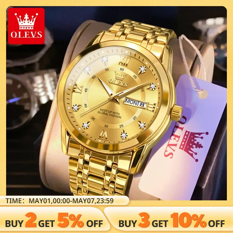 OLEVS Quartz Watch for Men Luxury Diamonds Gold Watch Waterproof Luminous Stainless Steel Business Men's Quartz Watch Mens Watch