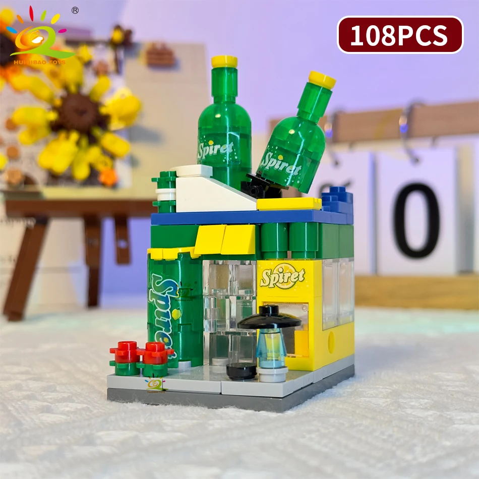 HUIQIBAO Moc 도시 스트리트 뷰 미니 빌딩 블록 DIY 도시 상업 거리 커피 숍 퍼즐 장난감 홈 장식품 장식
