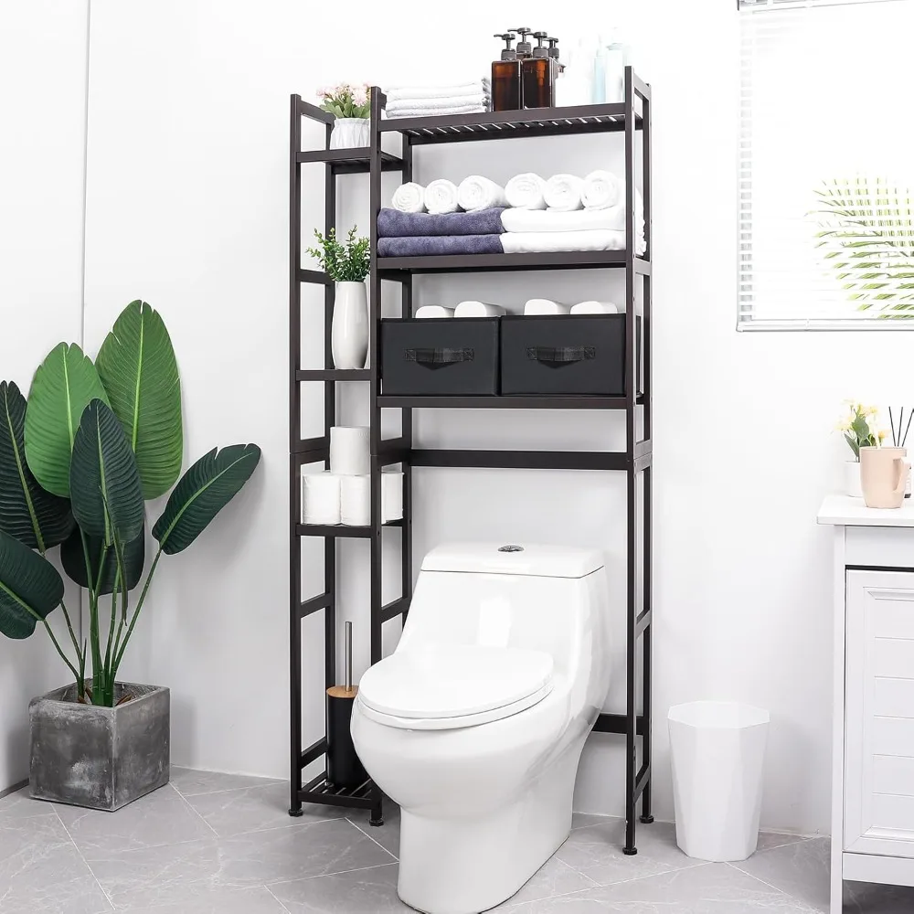 Over The Toilet Storage with Basket and Drawer, Bamboo Bathroom Organizer with Adjustable Shelf & Waterproof Feet Pad 2