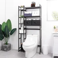 Over The Toilet Storage with Basket and Drawer, Bamboo Bathroom Organizer with Adjustable Shelf & Waterproof Feet Pad 2