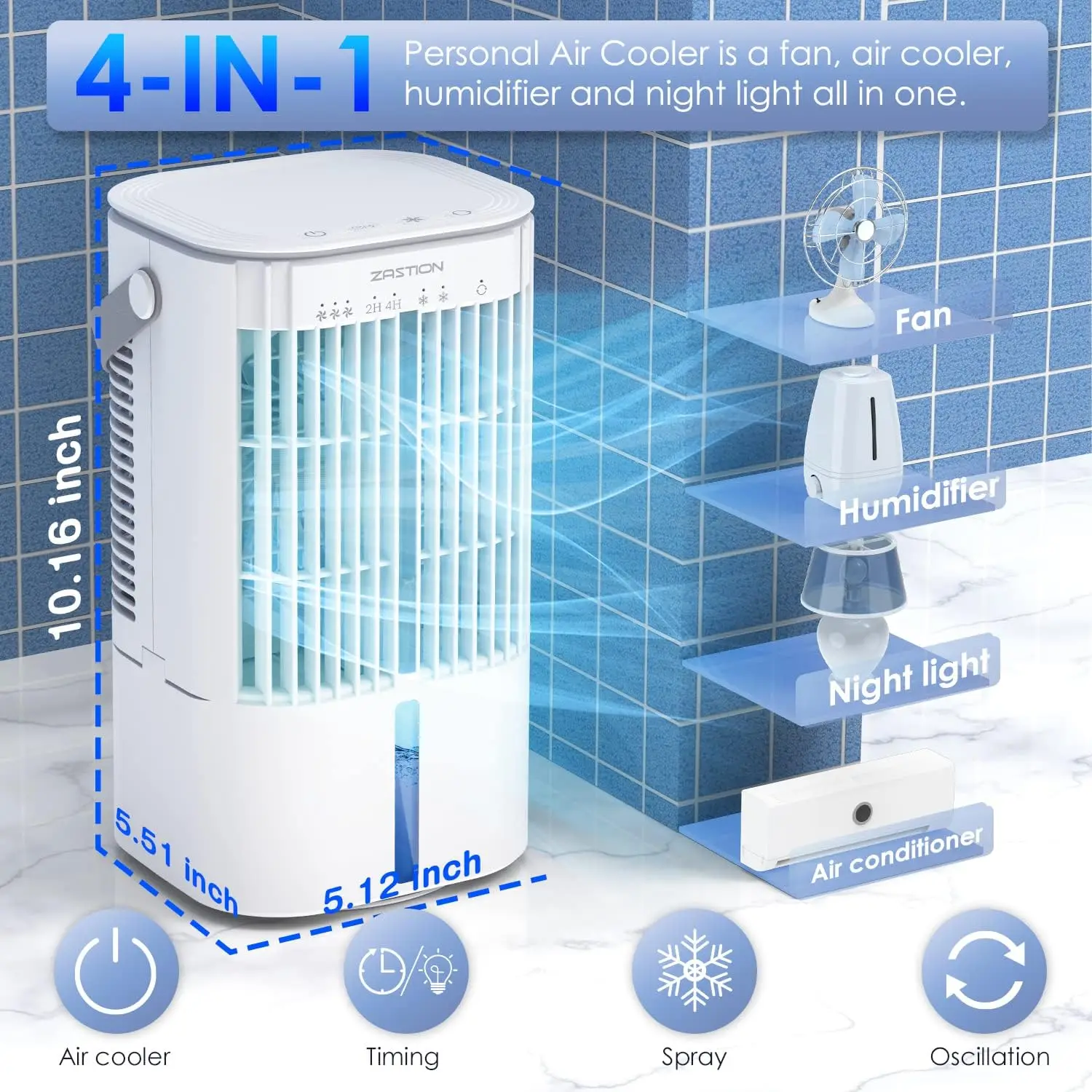 

IN 1 Portable Air Conditioners, 90° oscillation Mini Air Conditioner With 3 Speeds 7 Colors, 900ml Evaporative Air Cooler Fan W