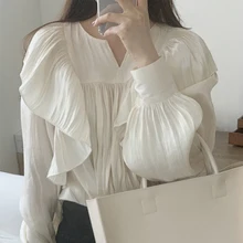 

Korean Chic Design Style Ruffle Pleated Shirt Female 2022 Spring New Fairy Bubble Sleeve Chiffon Splicing Solid Color Blouse