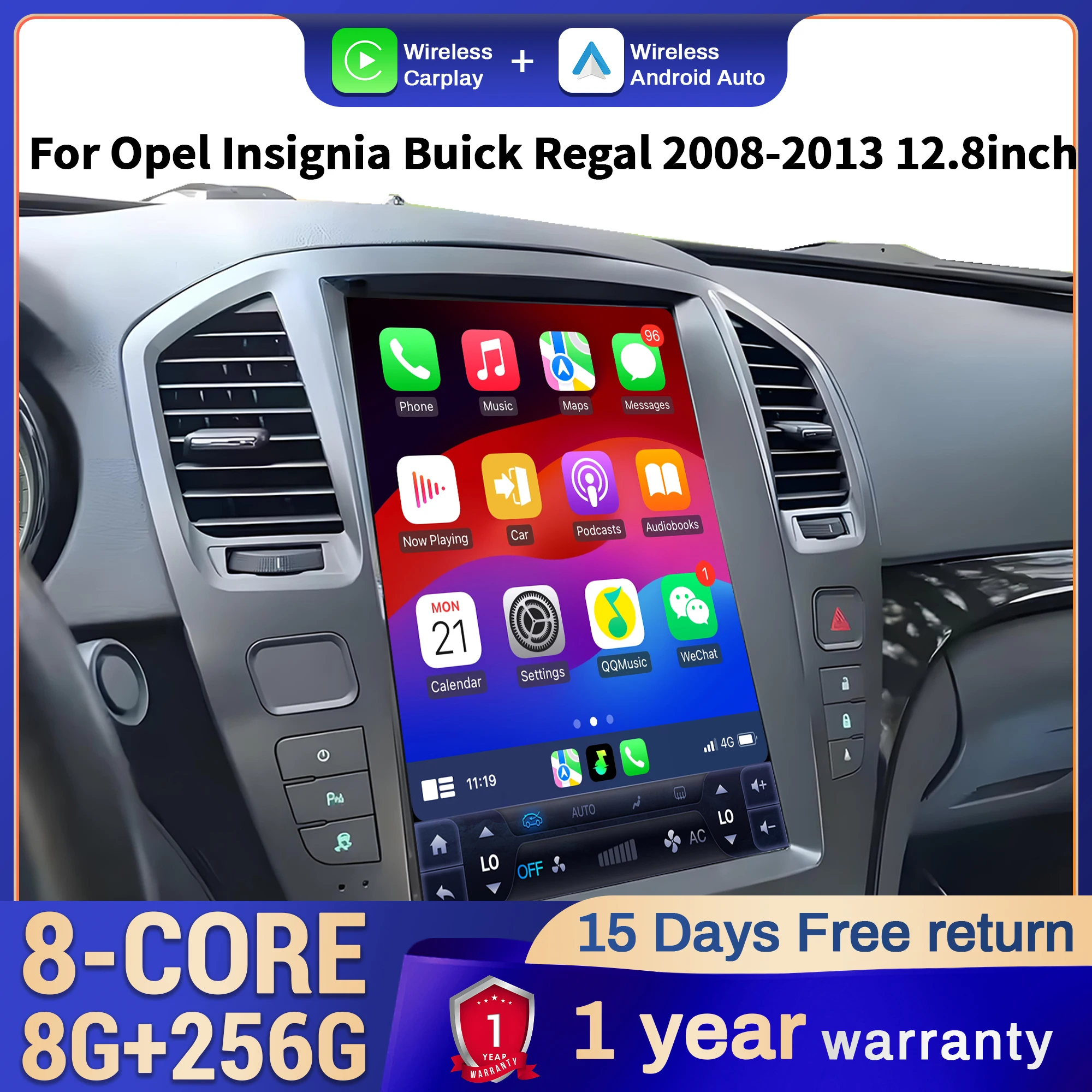 12,8 pulgadas Radio de coche Android 14 para Opel Insignia Buick Regal 2008-2013 4G GPS inalámbrico Bluetooth CarPlay unidad principal pantalla táctil 1
