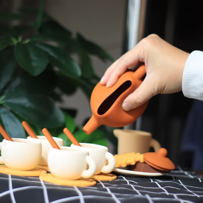 Silicone Tea Toys Pretend Play Kitchen Accessories Food Playset for Kids Role Play Game for Toddlers Girls Boys Gifts