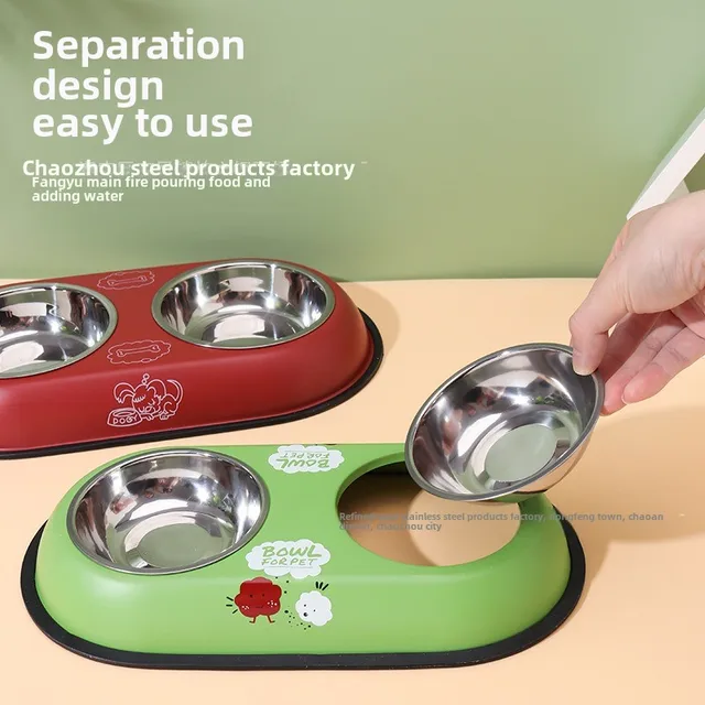 Stainless steel double bowl cartoon cat bowl anti-knock dog food basin drinking water feeder removable pet supplies 4