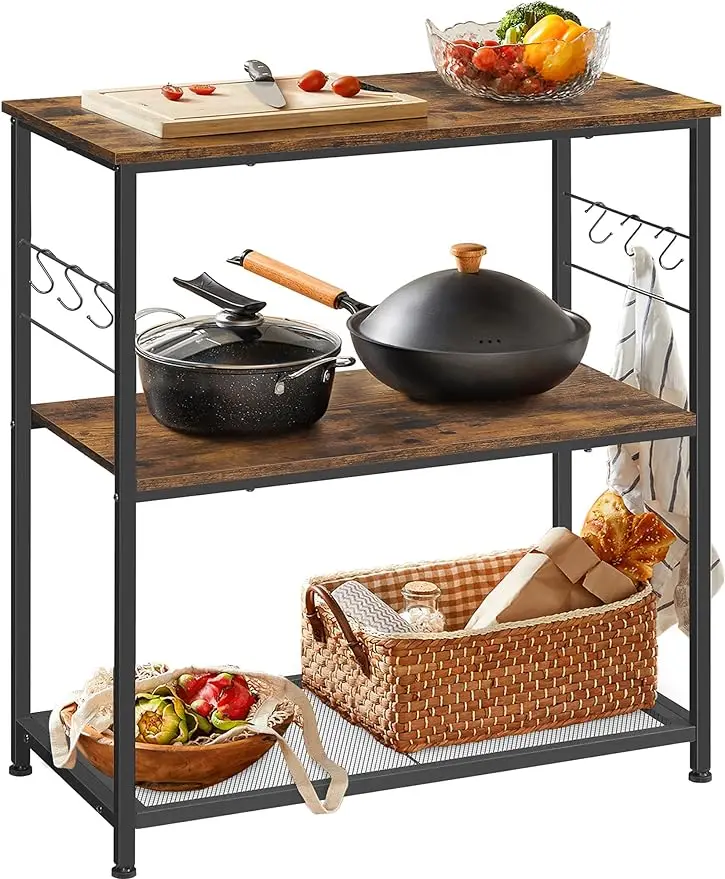 

Baker’s Rack, Kitchen Shelf, Kitchen Island, Microwave Oven Stand with 3 Open Shelves, 6 Hooks, Metal Frame, 15.7 x 31.5