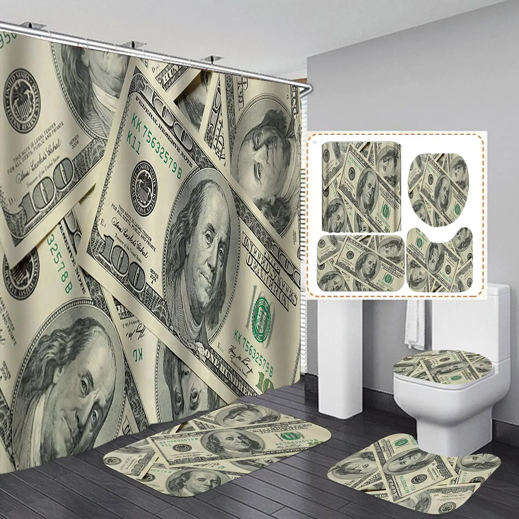 

4PCS/Set Money Shower Curtain Hundred US Dollar Bills Cash Benjamin Franklin Profile Luxury Waterproof Non-Slip Rugs Toilet Mats