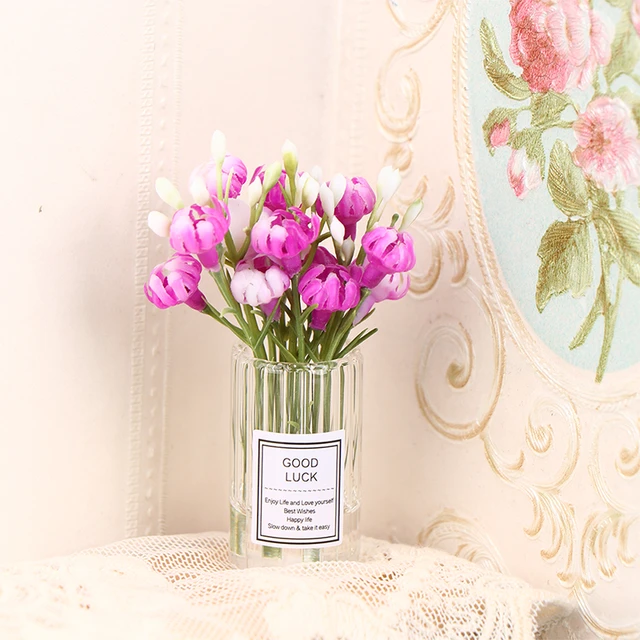  Miniature Flowers with Vase Dollhouse Glass Vase 1:6