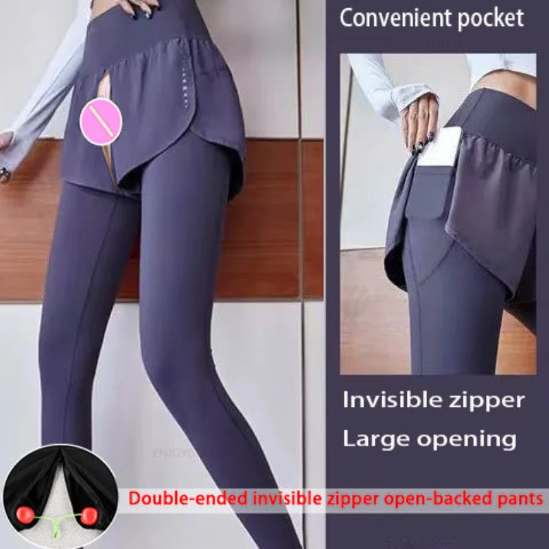 High Waist Yoga Pants Invisible Open Crotch Double Zipper Convenient Pants Women's Light Summer Run Large Fitness Erotic Pants