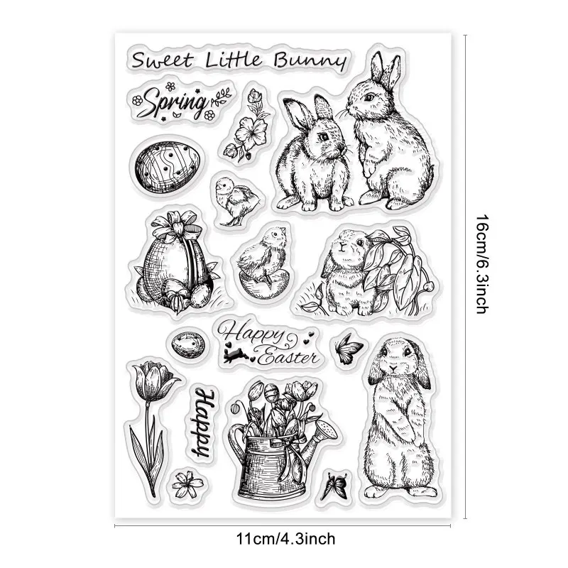 1Sheet Easter Bunny Clear Stamps Rabbit Flower Easter Egg Silicone Rubber Stamp Transparent Seal Stamps Postage Seal Stamp