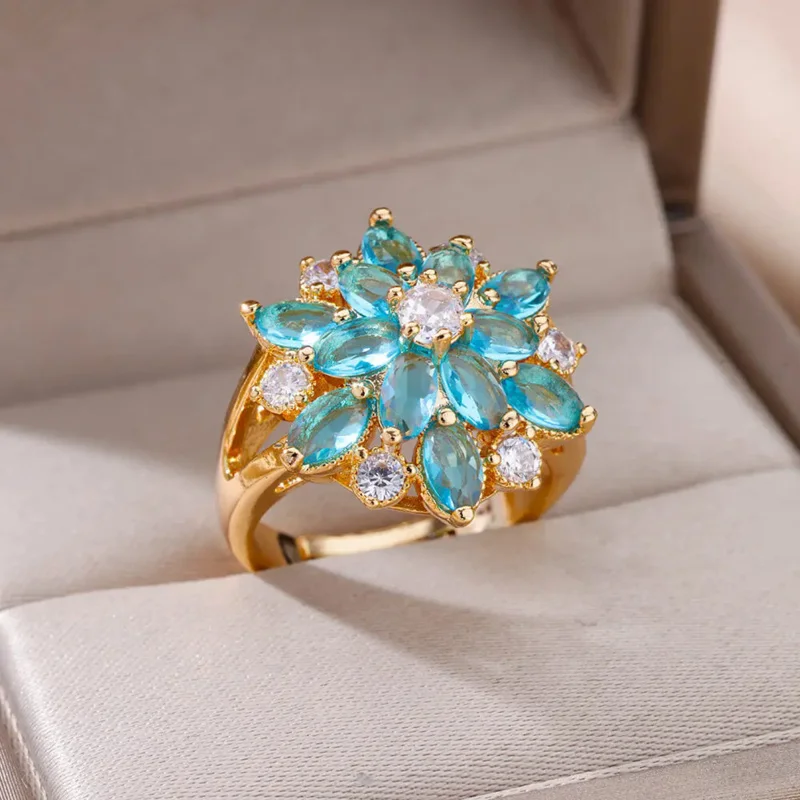 

Zircon For Women Gold Plated Adjustable Stainless Steel Flower Ring Wedding Jewelry
