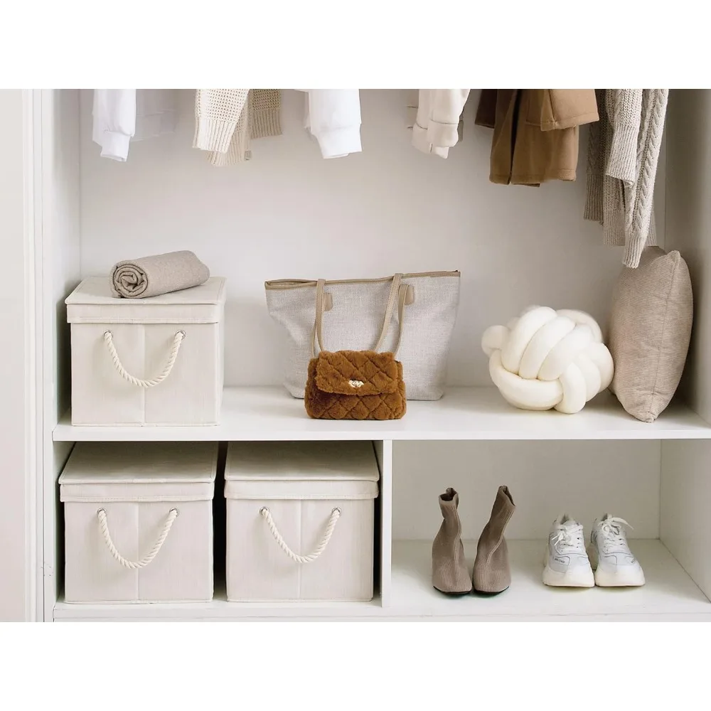 

StorageWorks 32L Storage Bins with Lids, Decorative Storage Boxes with Lids and Soft Rope Handles, Mixing of Beige, White