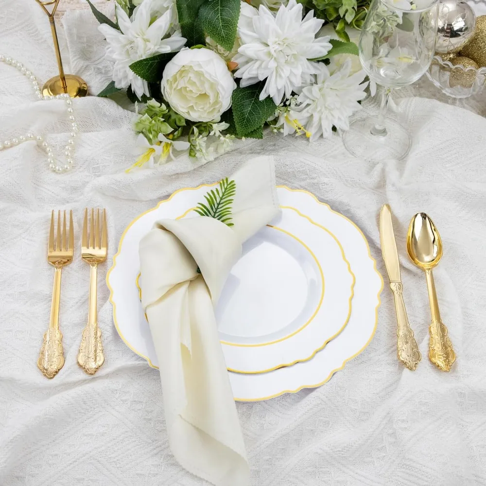 Liacere 350 PCS Plastic Disposable Plates 50guest Plastic Dinnerware Include 100Plates 50Pack Rolled Napkins with 50Cups Wedding
