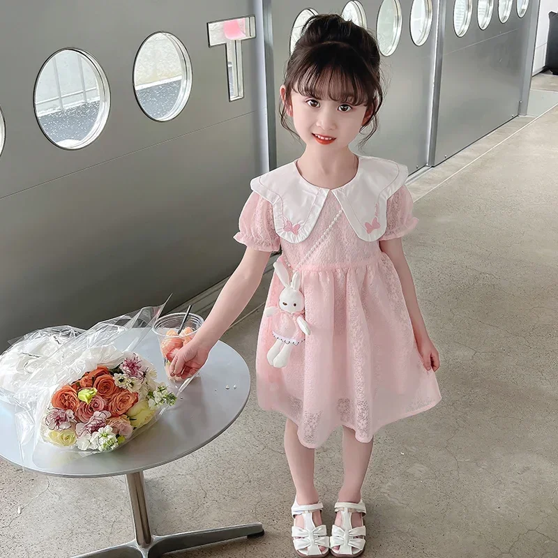 

2023 Summer Baby Girls Dress Bow Lace Floral Princess Dress Cartonn Kids Costumes Children Clothes Infant Clothing 2-6 Years