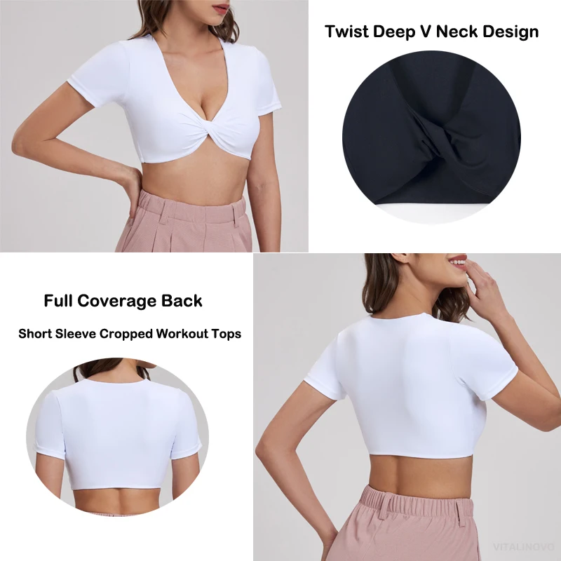 Workout Crop Tops for Women Short Sleeve Twist Deep V Crop Tank Top Padded Sports Bra Low Impact Yoga T Shirts Top sports bra,sports t shirt,yoga top,yoga shirt,sports shirt,sports tank