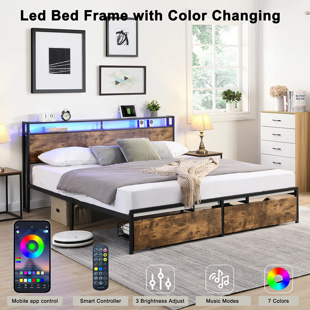 

Queen Bed Frame With Charging Station Storage Headboard Platform Metal Bed Frame Queen With Storage For Bedroom