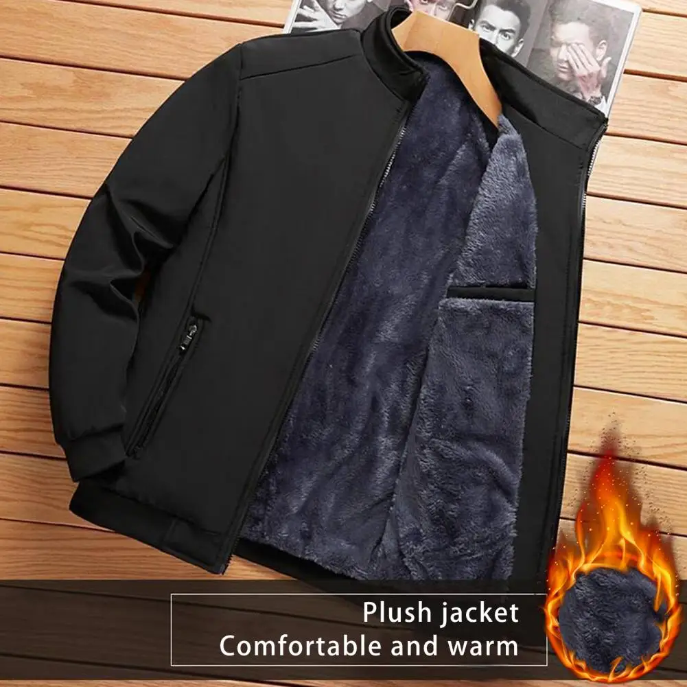 Zipper Pockets Jacket Men's Thick Plush Winter Jacket with Stand Collar Windproof Cold-resistant Father Coat for Fall for Men