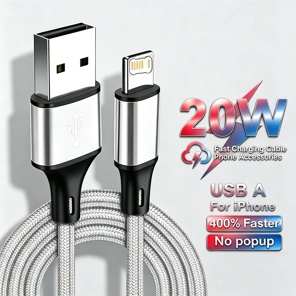 20W 브레이드 와이어 고속 충전 USB 케이블 (아이폰 X, XR, XS Max, 11, 12, 13 mini, 14 Pro Max, 7, 8, 14 Plus 호환) 급속 충전 USB 데이터 케이블