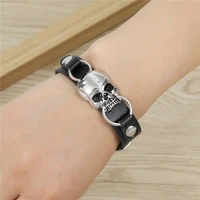 Trend Vintage Black Leather Bracelet Adjustable Size Retro Skull Shape Braceletfor Men's Daily Wear 1