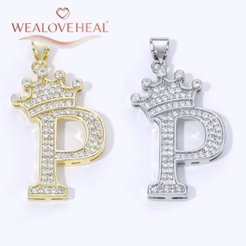 18K Vergoldeter Messing A-Z Kronen-Initial-Anhänger, mit Zirkonia besetzt, 26 Buchstaben-Charms für DIY Halsketten und Schmuckherstellung – Detail 34
