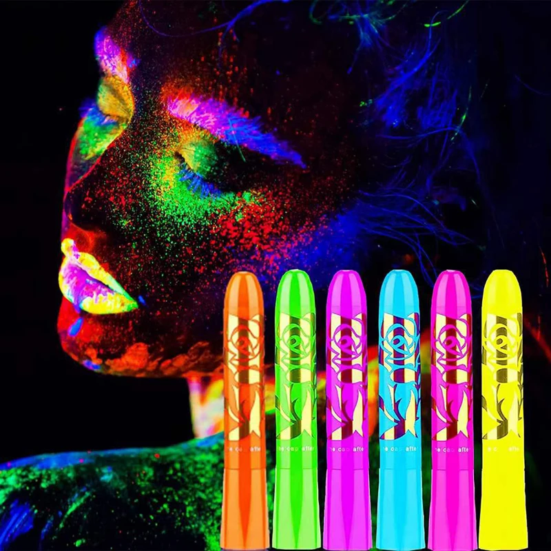 6Pcs Creative Cool Halloween Glow In The Dark Face Black Light Paint Neon Face Body Paint Crayon Kit Pennarello Per Trucco Fluorescente